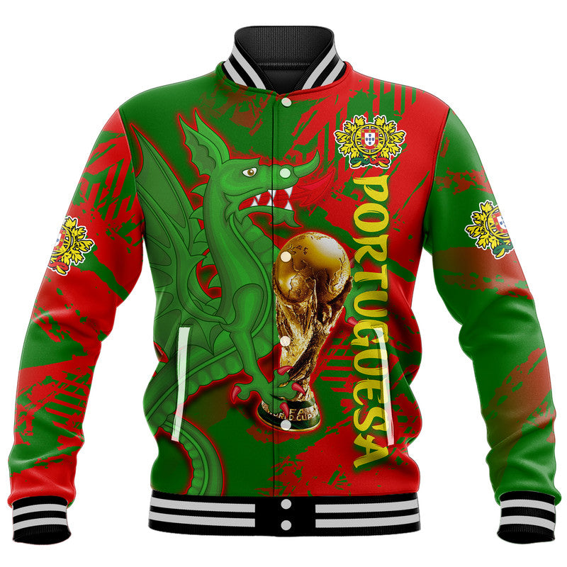 Red and green dragon baseball jacket with crest, ribbed collar and striped cuffs