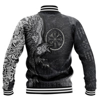 Black baseball jacket back view with raven, Vegvisir compass circle, and striped hem cuffs