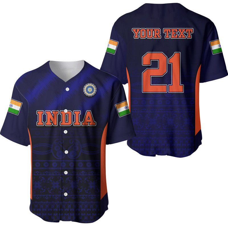 Navy India cricket baseball jersey with front crest, INDIA lettering, button placket, flag sleeves.