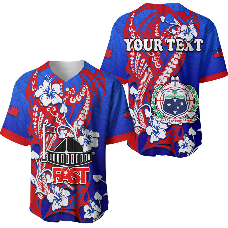 Blue baseball jersey with red and white tribal hibiscus and crest graphic