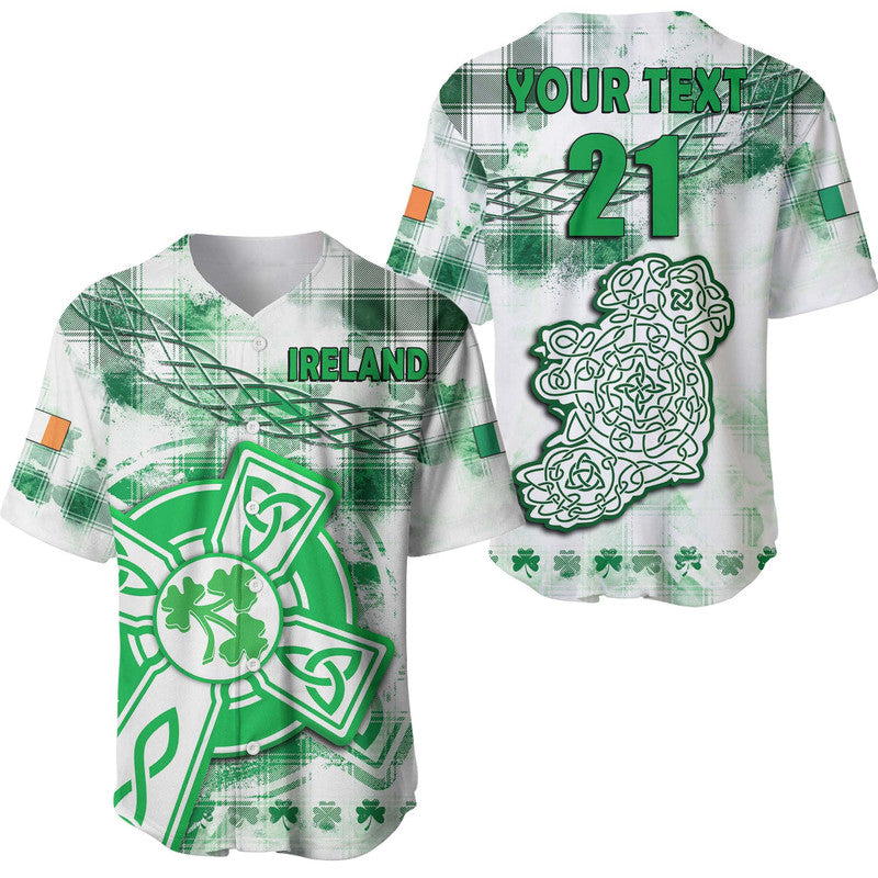Green and white cricket baseball jersey with V-neck, button placket, plaid pattern, crest.