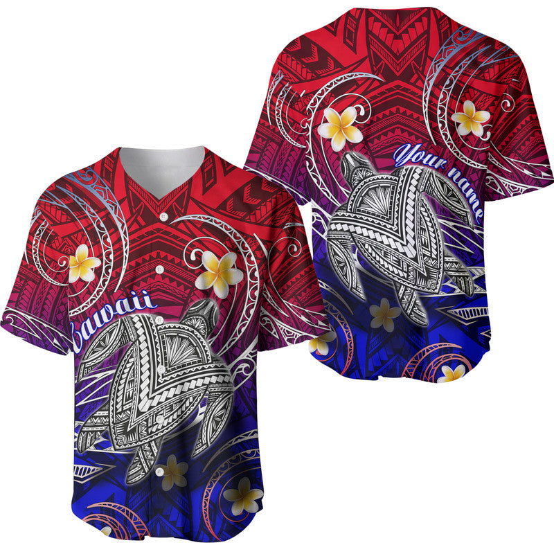 Gradient red-to-blue Polynesian turtle & plumeria baseball jersey, V-neck, allover print
