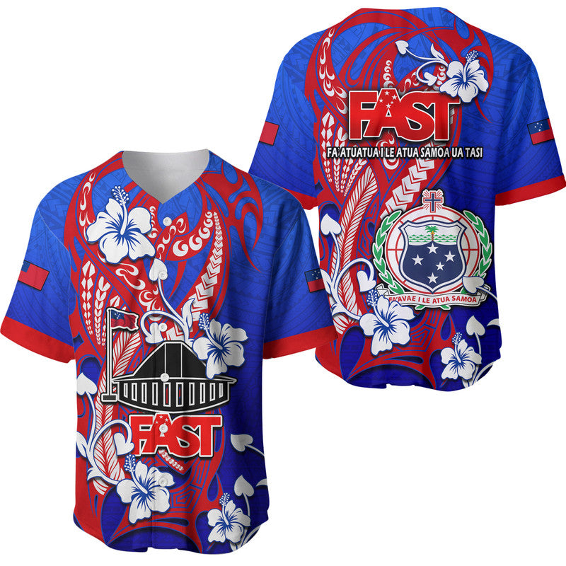 Blue baseball jersey with red trim, tribal patterns, hibiscus flowers, and FAST logo
