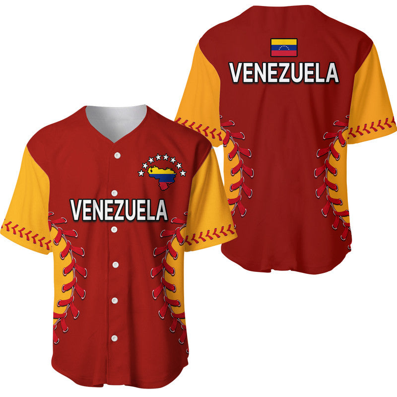 Maroon baseball jersey with yellow sleeves, Venezuela text, flag map emblem, button front.