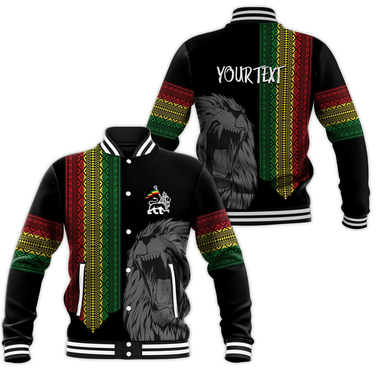Black unisex baseball jacket, roaring lion print, patterned red/green/yellow sleeves, snap front.
