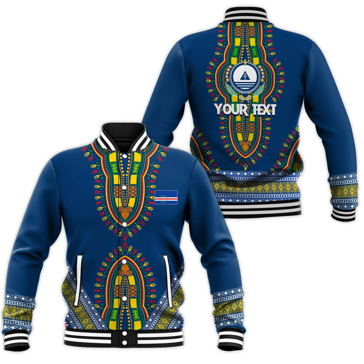Blue unisex baseball jacket with dashiki-style embroidery, rib collar and snap front