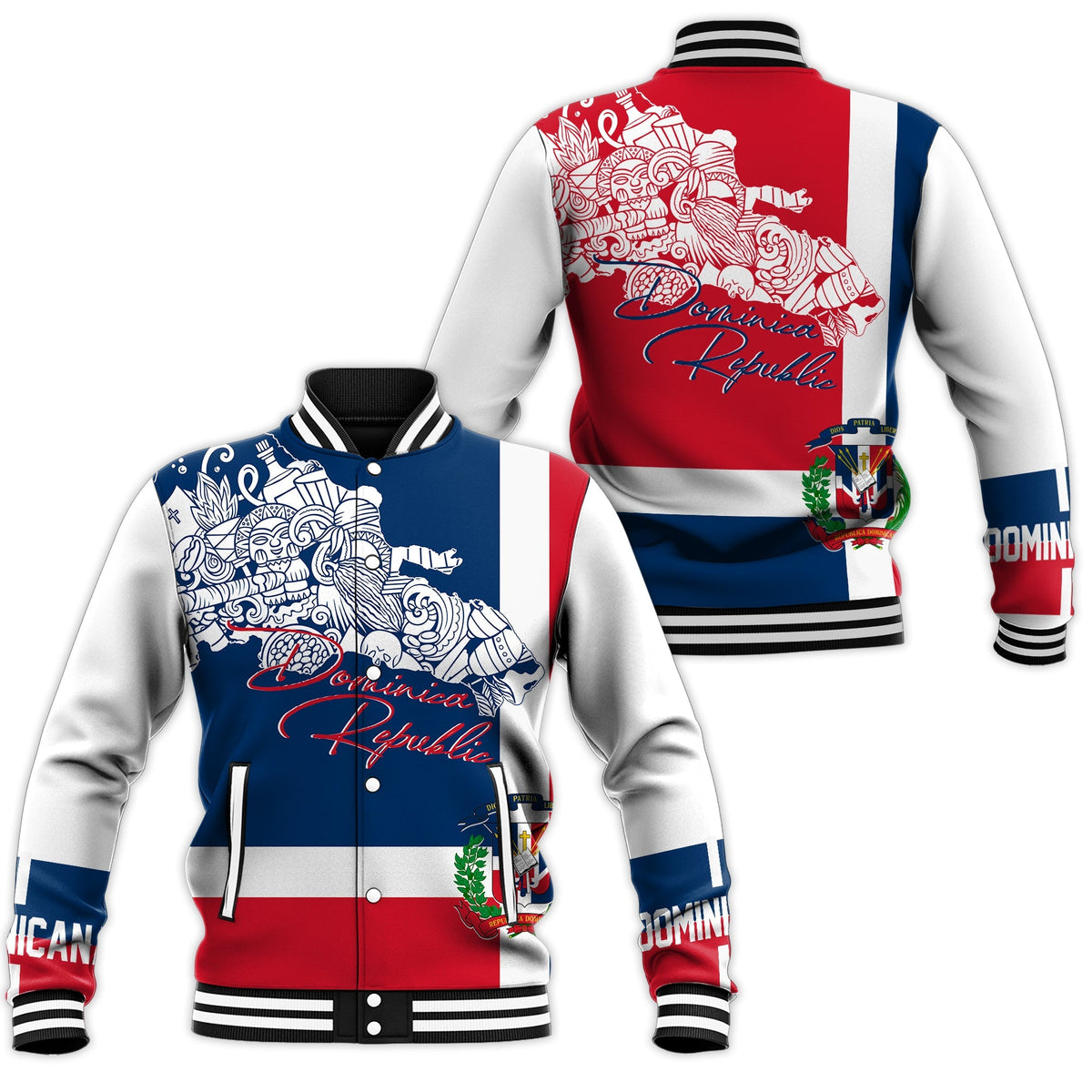 Multicolor Dominican Republic baseball varsity jacket, striped rib collar and button front