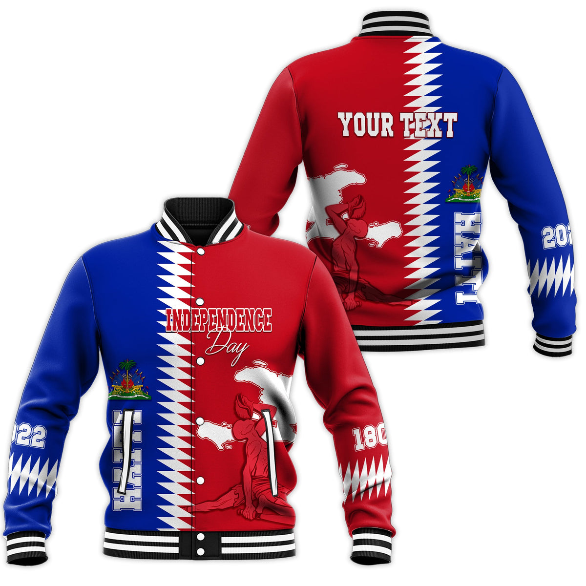 Red and blue baseball jacket with Haitian flag graphic, striped sleeves, ribbed collar