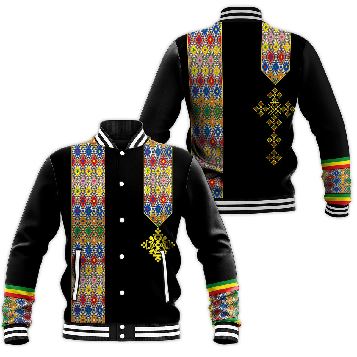 Unisex black baseball jacket with colorful Habesha tile pattern panels and emblem, ribbed cuffs