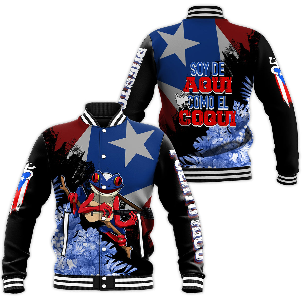 Black baseball jacket with Puerto Rico flag graphic, coqui print, ribbed collar and cuffs