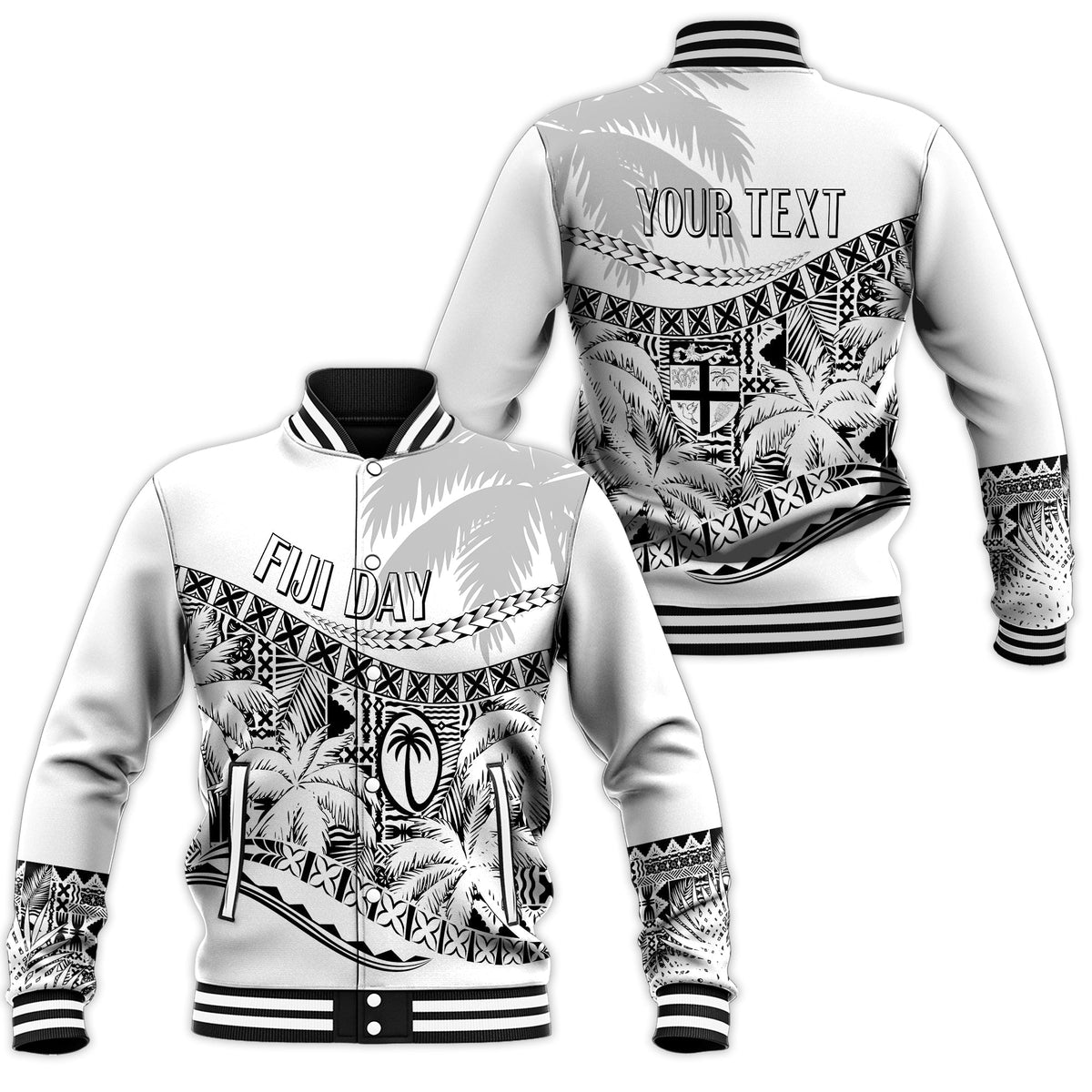 White unisex baseball jacket with black ribbed trim and tribal print with 'YOUR TEXT'