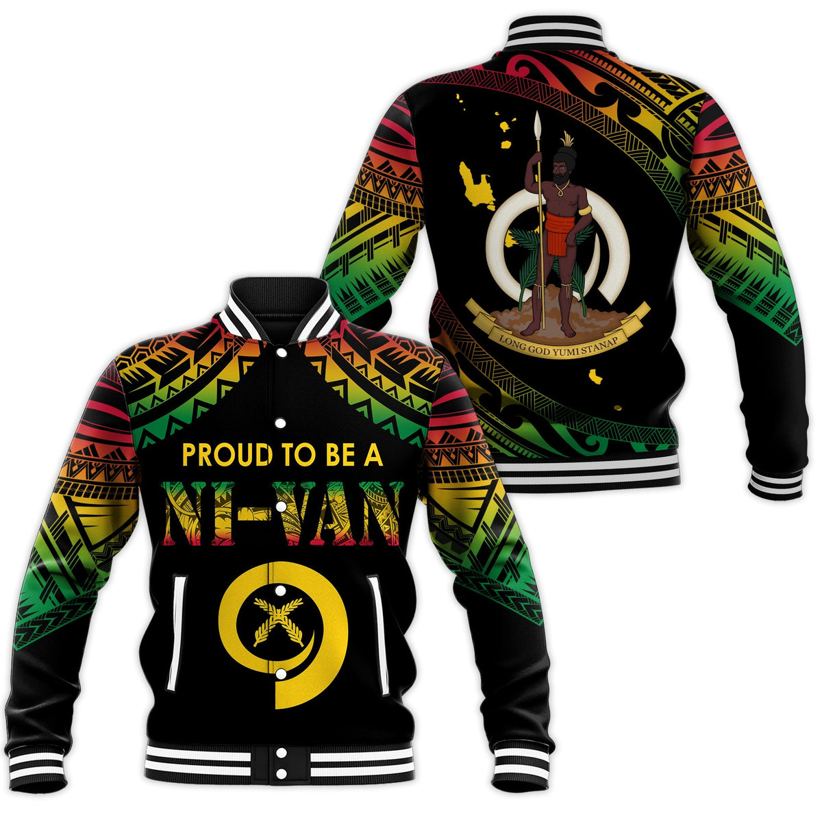 Black baseball jacket with Polynesian tribal pattern, front text and emblem, ribbed cuffs