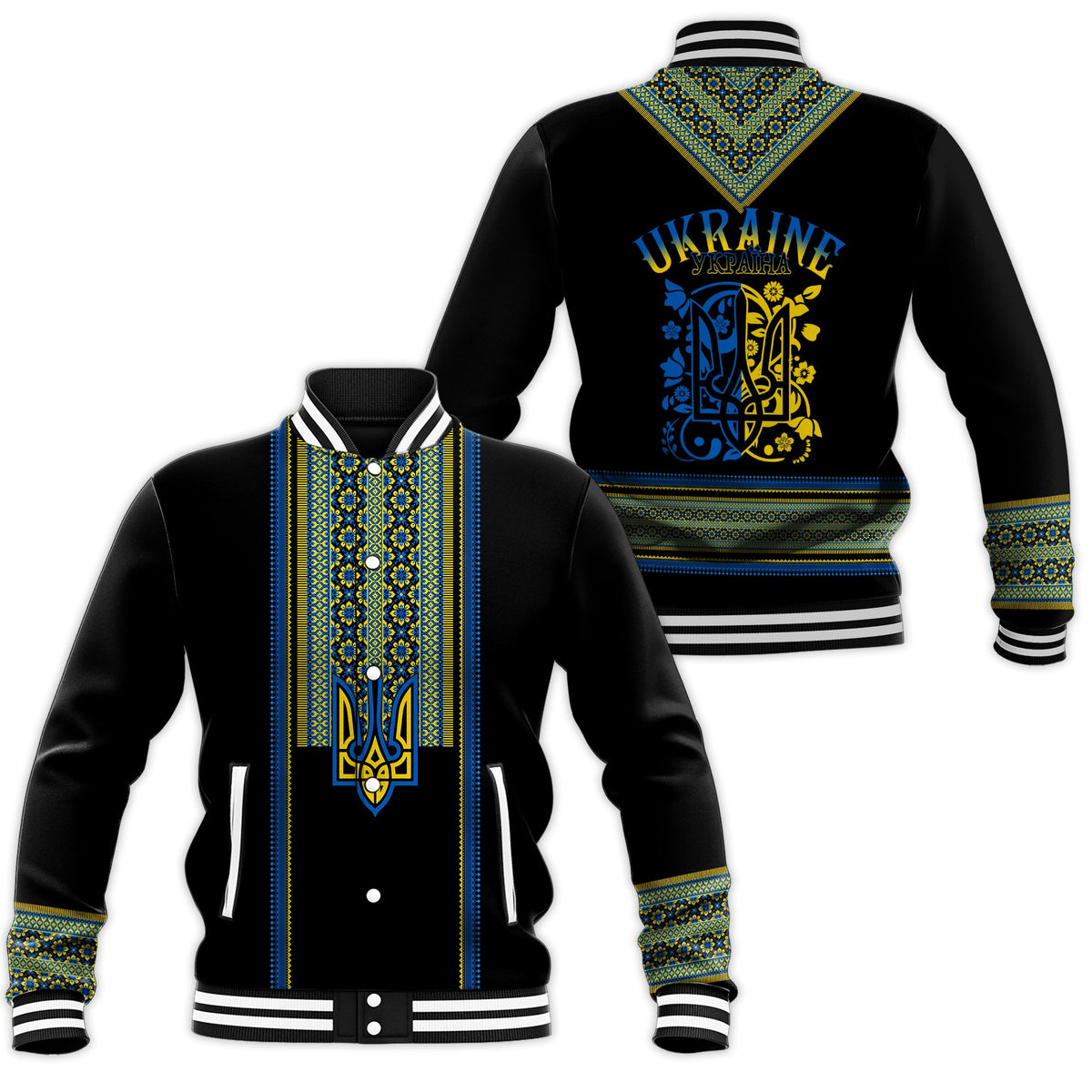 Black unisex baseball jacket with blue and yellow folk pattern panel, ribbed striped cuffs.