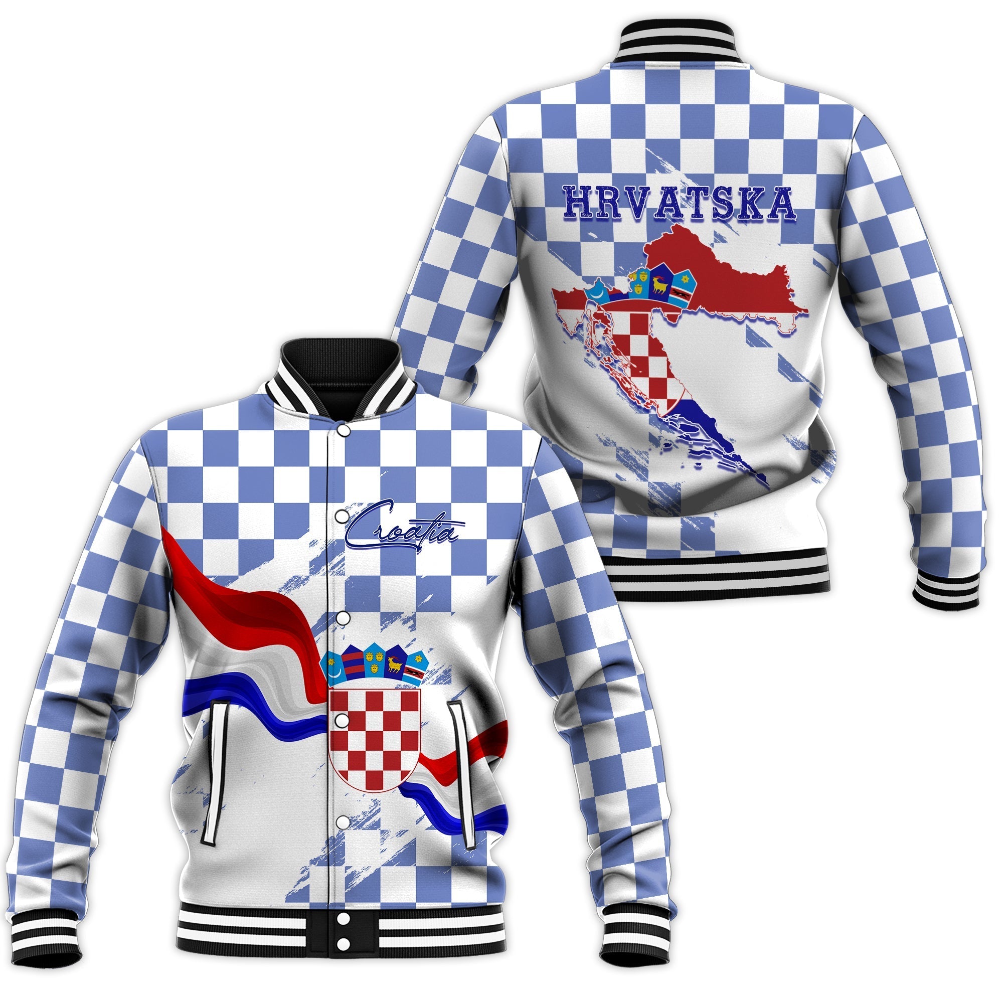 Croatia Baseball Jacket Checkerboard Grunge Style - Blue Color LT7 - Wonder Print Shop