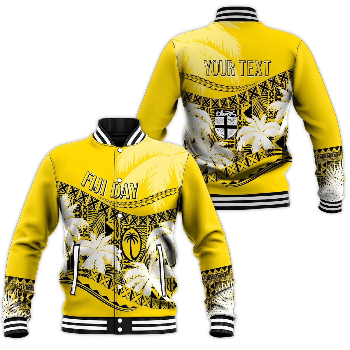 Gold baseball jacket with tribal palm print, striped cuffs, and “Fiji Day” text