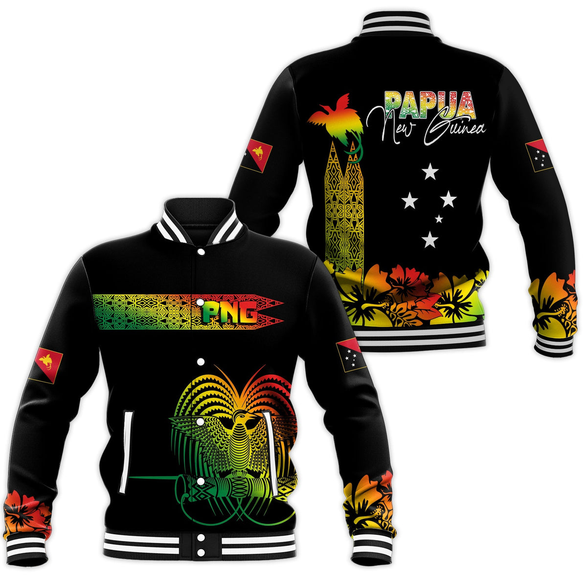 Black unisex baseball jacket with colorful tribal PNG and hibiscus print, ribbed trim