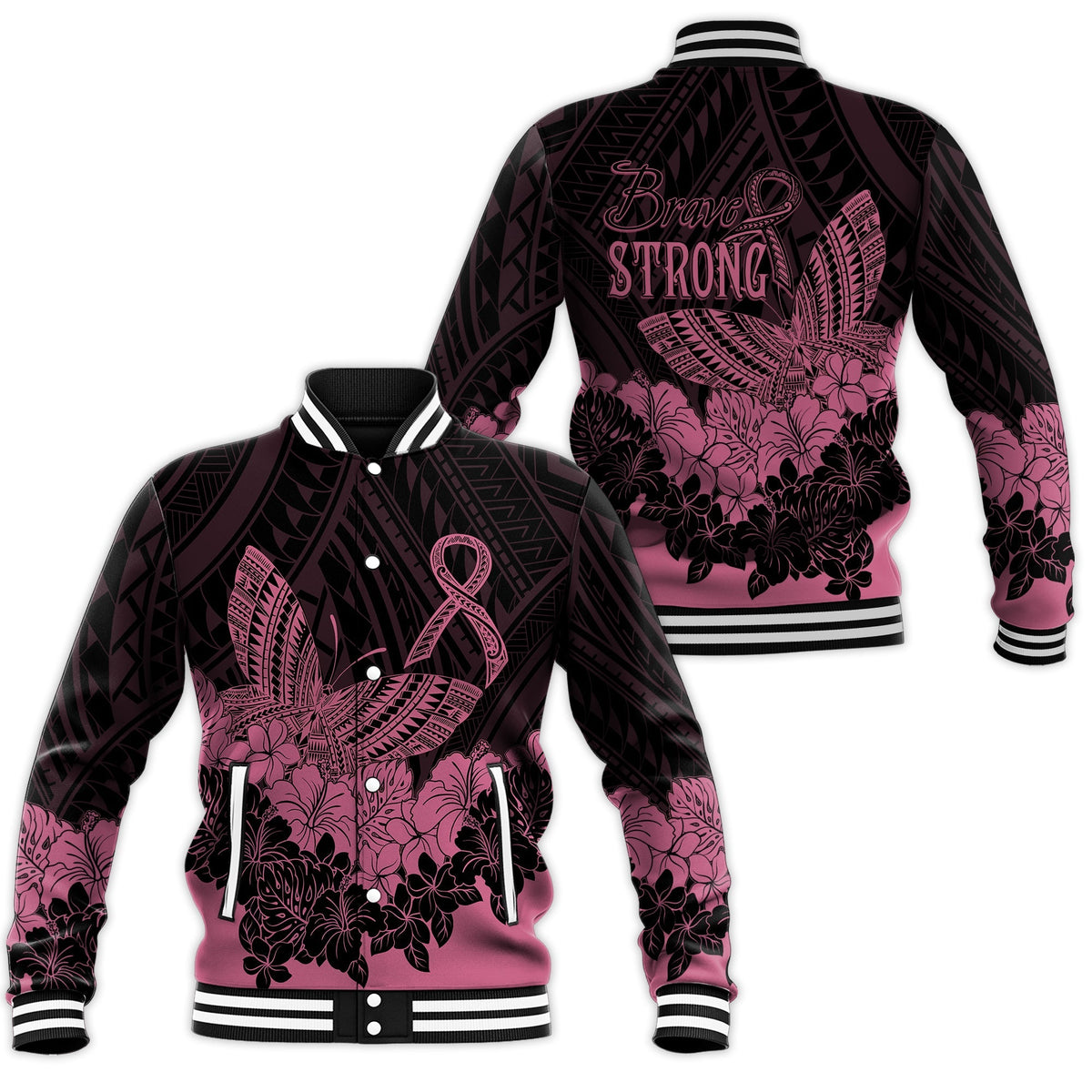 Unisex black baseball jacket with pink floral butterfly and ribbon graphic, striped cuffs