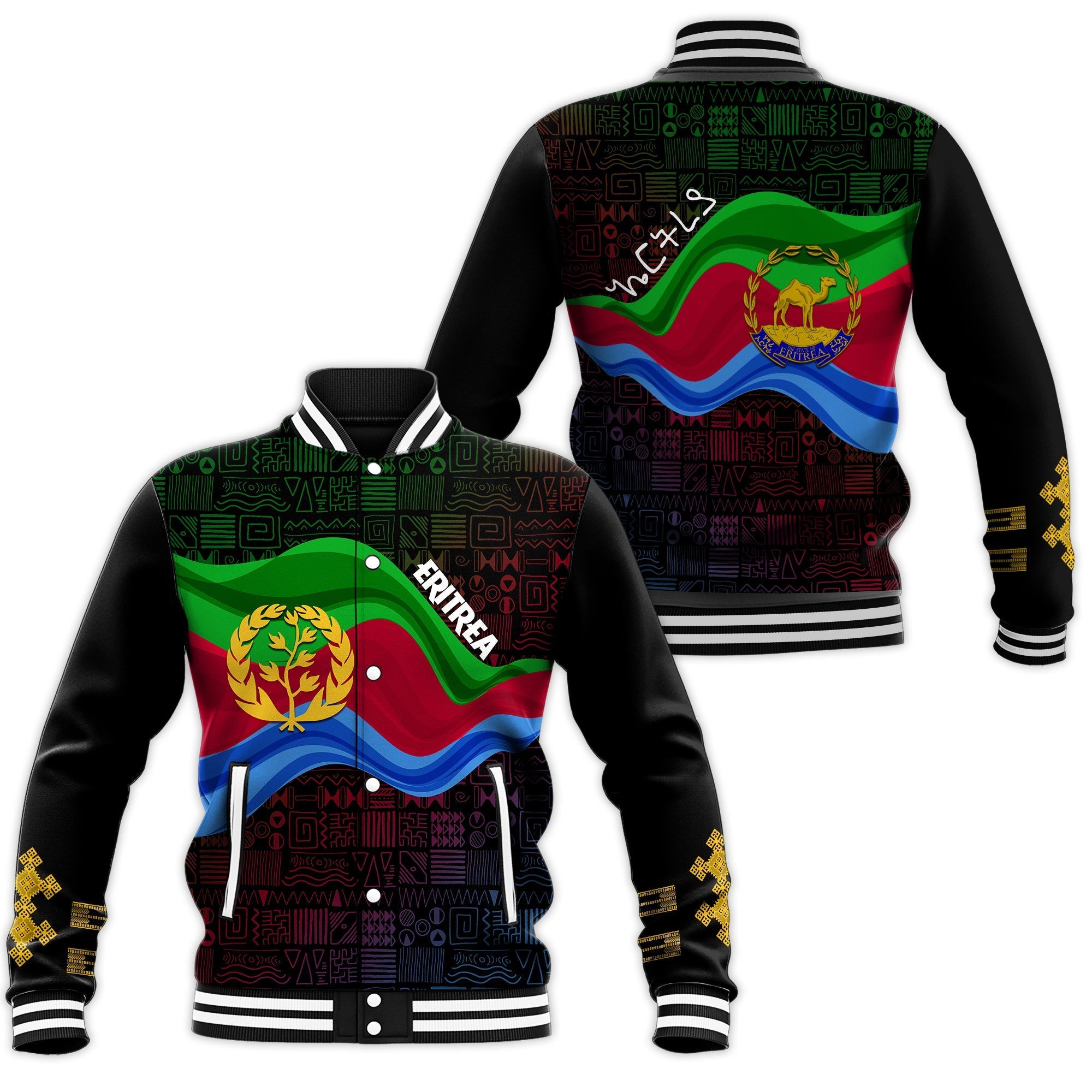 Eritrea Independence Day Baseball Jacket Ethnic African Pattern - Black LT7 - Wonder Print Shop