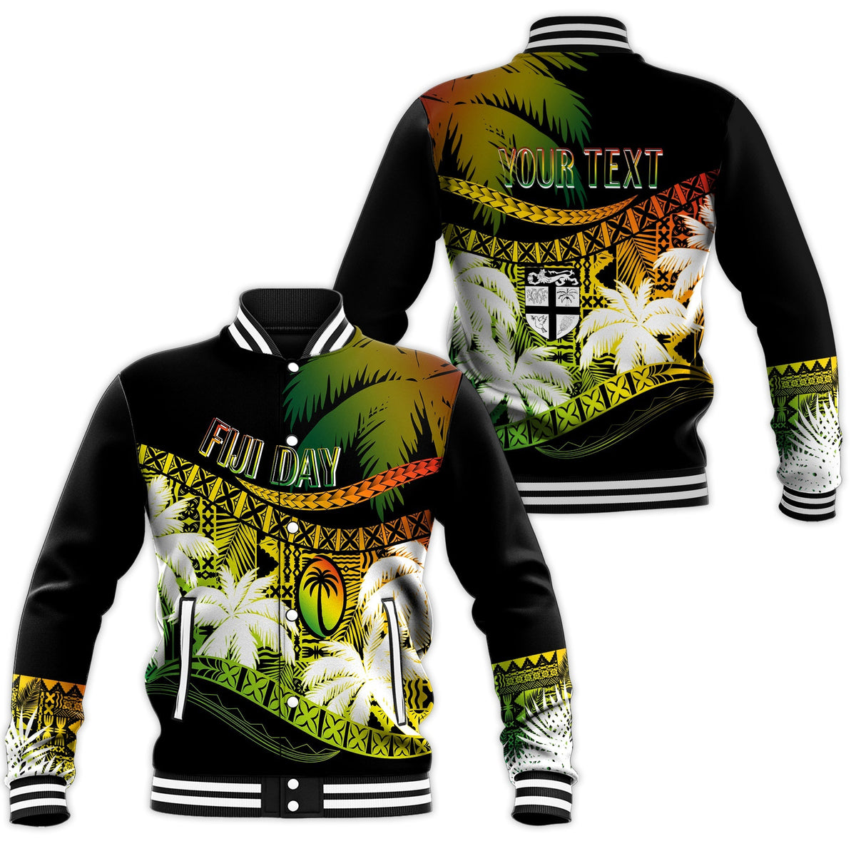 Black unisex baseball jacket with tropical front and back print, striped ribbed collar