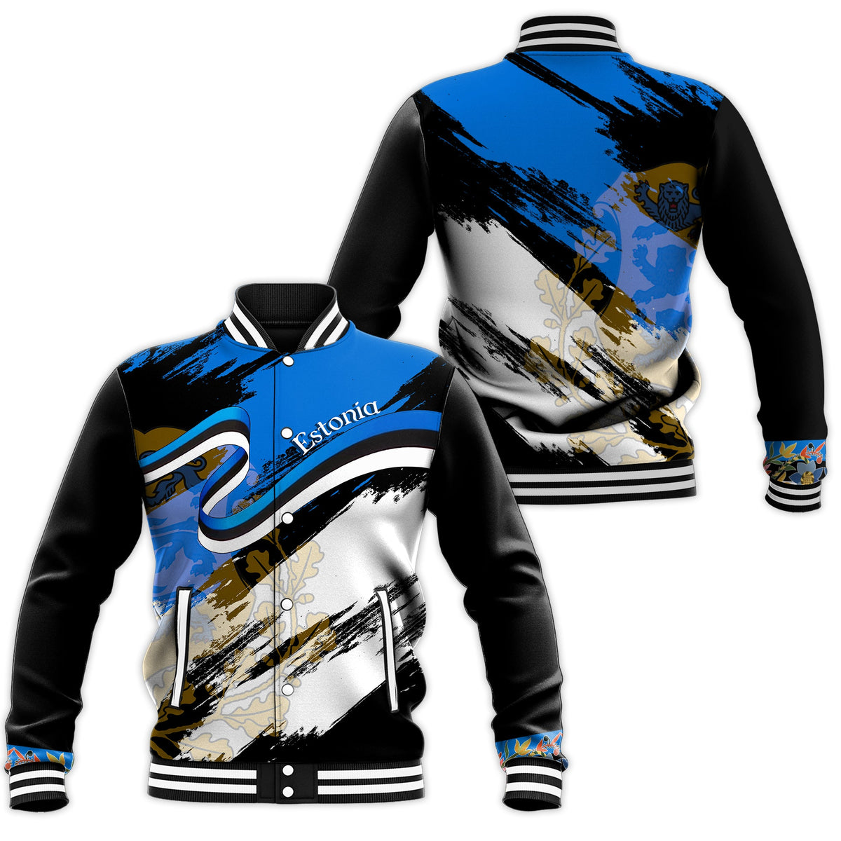 Black baseball jacket with Estonia flag grunge print, blue and white front and back.
