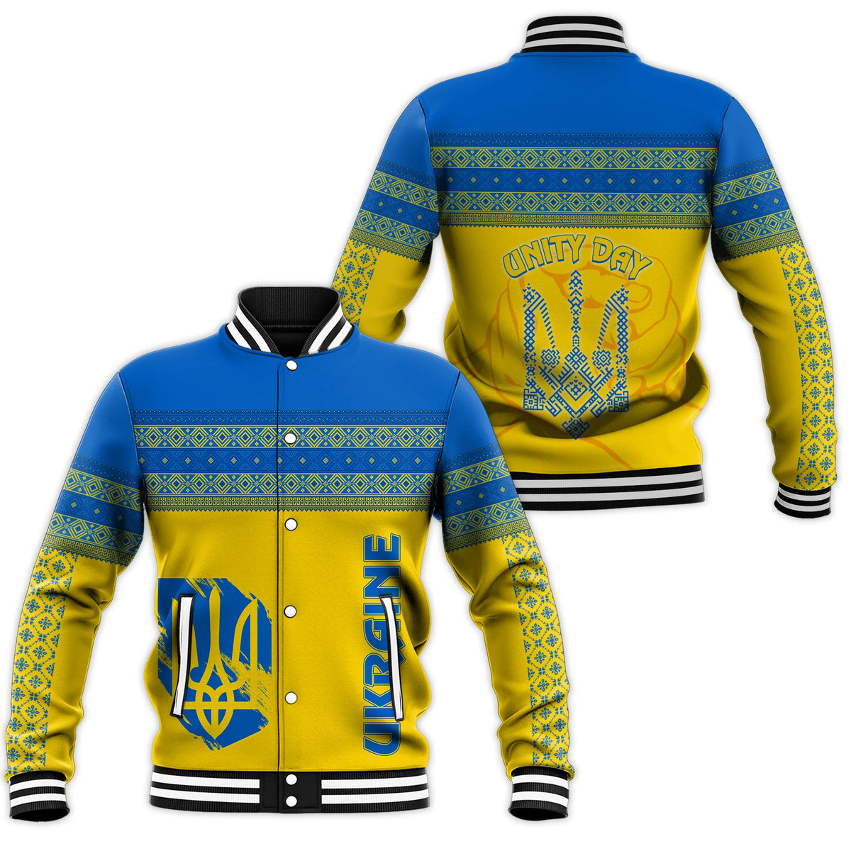 Baseball jacket, blue and yellow folk pattern, ribbed striped collar/cuffs, Unity Day graphic