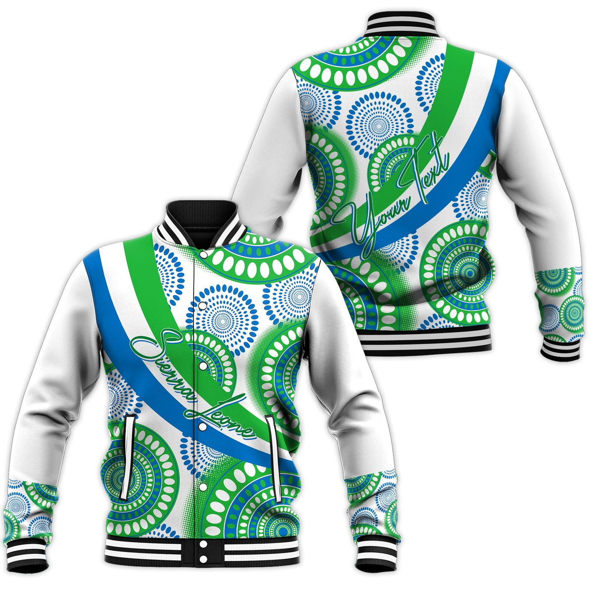 White baseball jacket with green and blue Ankara print, striped ribbed collar and cuffs