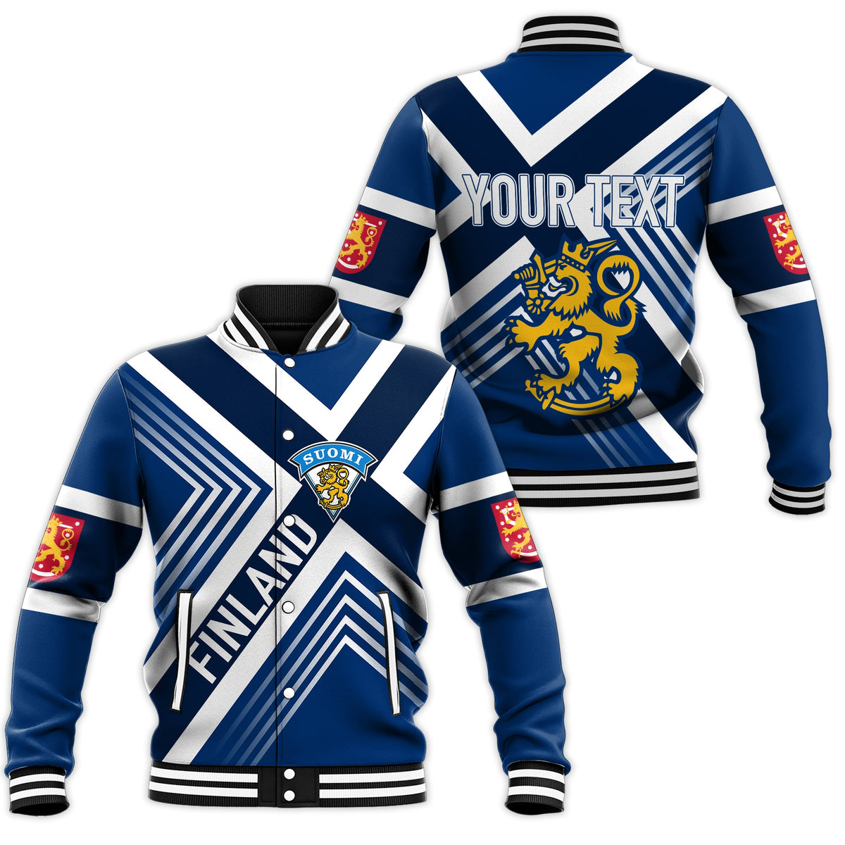 Blue and white striped baseball jacket, ribbed collar, cuffs, and hem; 'YOUR TEXT' on back