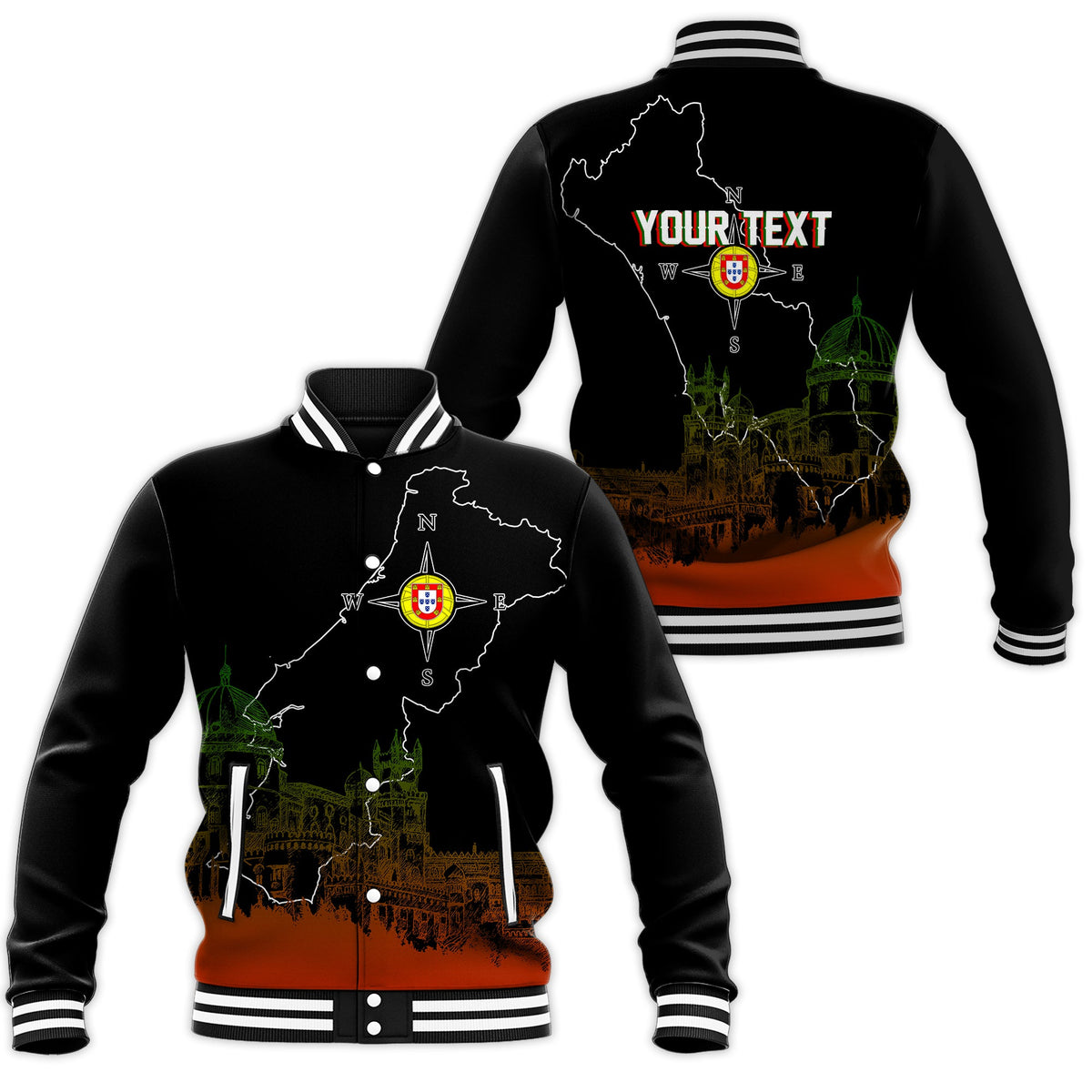 Black unisex baseball jacket with Portugal map sketch, crest, orange graphic and striped cuffs