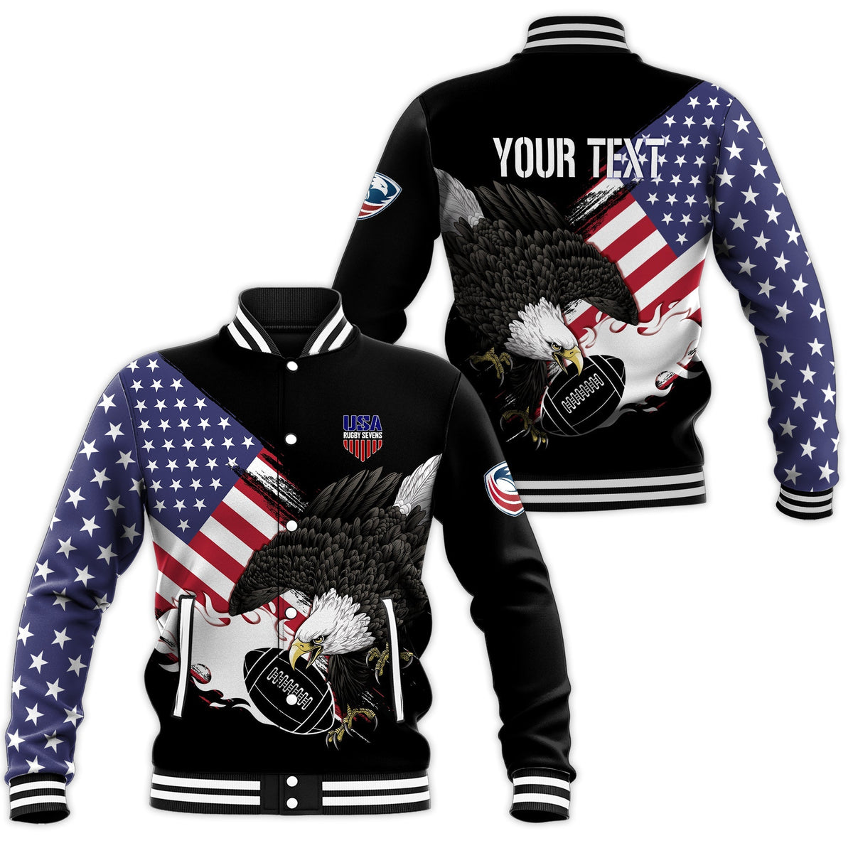 Black baseball jacket with eagle graphic and stars-and-stripes sleeves, button front