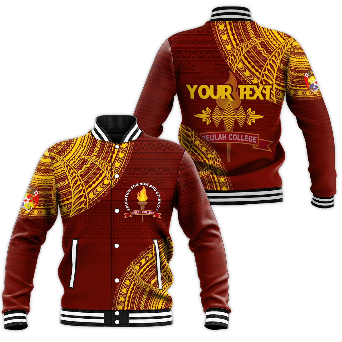 Maroon baseball jacket with yellow tribal pattern, snap front, striped rib cuffs