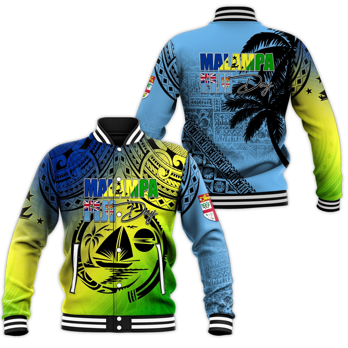 Multicolor Fiji flags day baseball jacket, front graphic and back print, varsity stripes