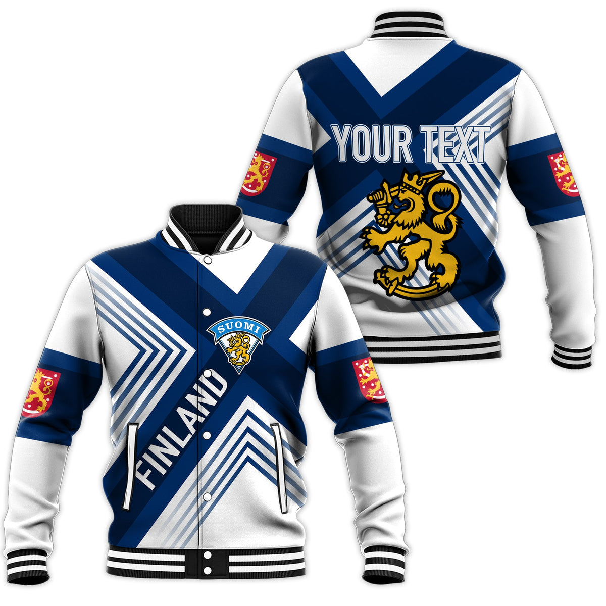 White and blue baseball jacket with V-neck, striped panels, crest, and custom text