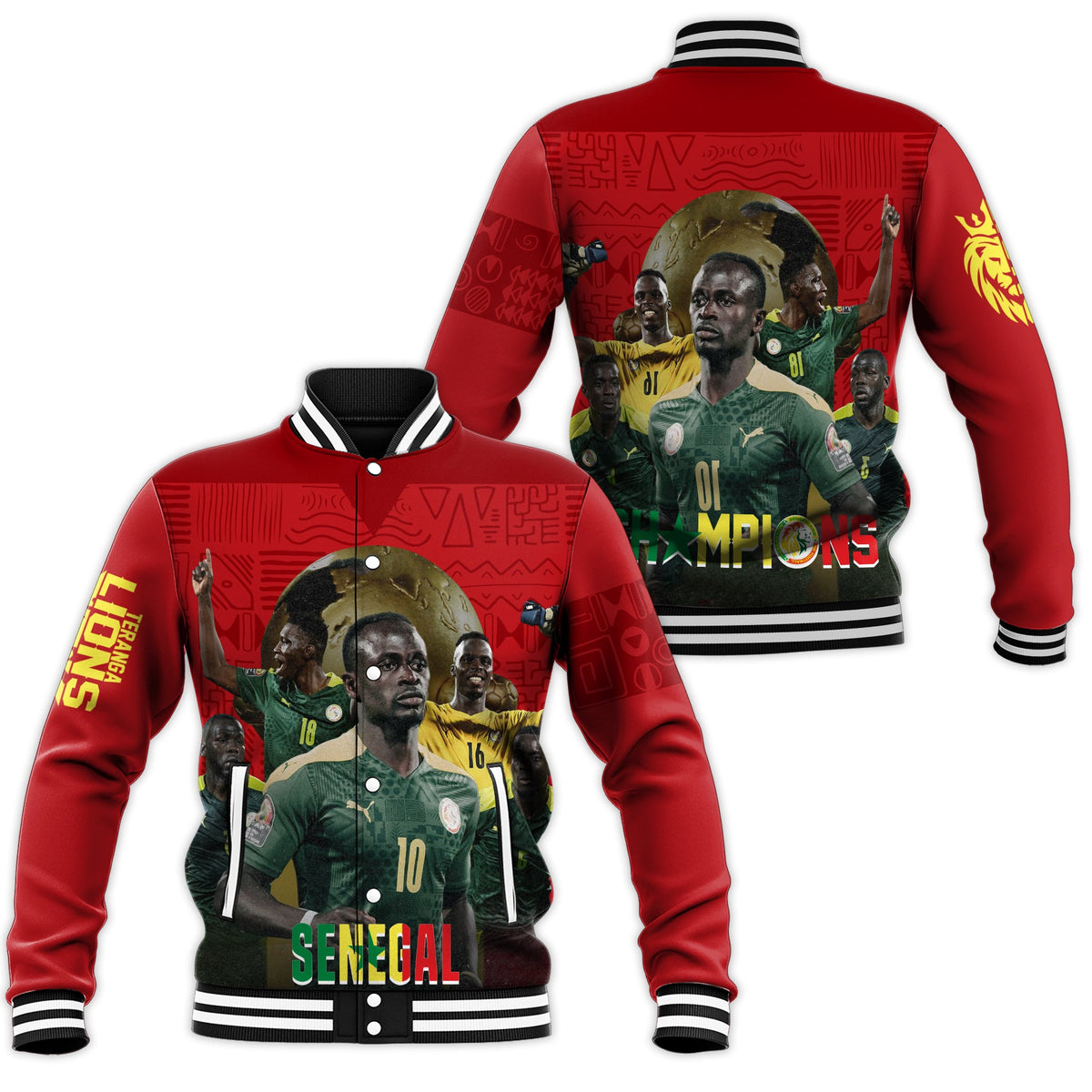 Red baseball jacket with striped collar and cuffs; player graphic with “SENEGAL” on front