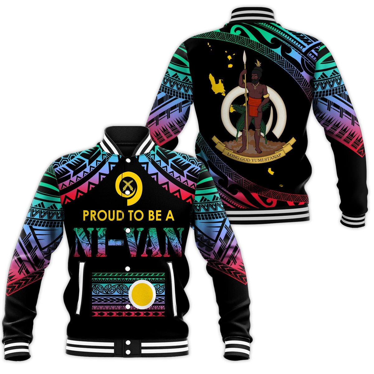 Black baseball jacket with colorful Polynesian tribal patterns, ribbed collar and cuffs