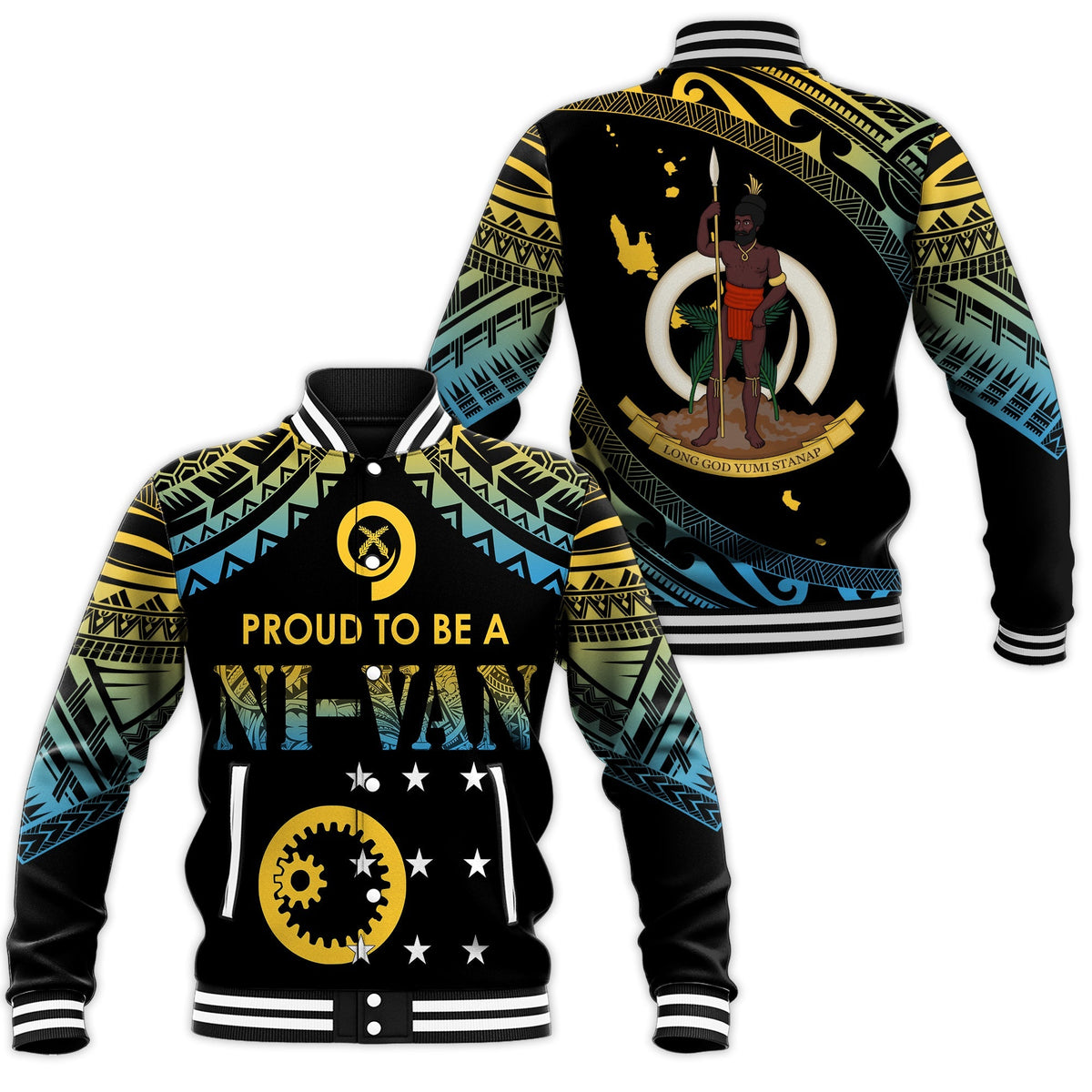 Black unisex baseball jacket with Polynesian tribal patterns; 'Proud To Be A' text on front