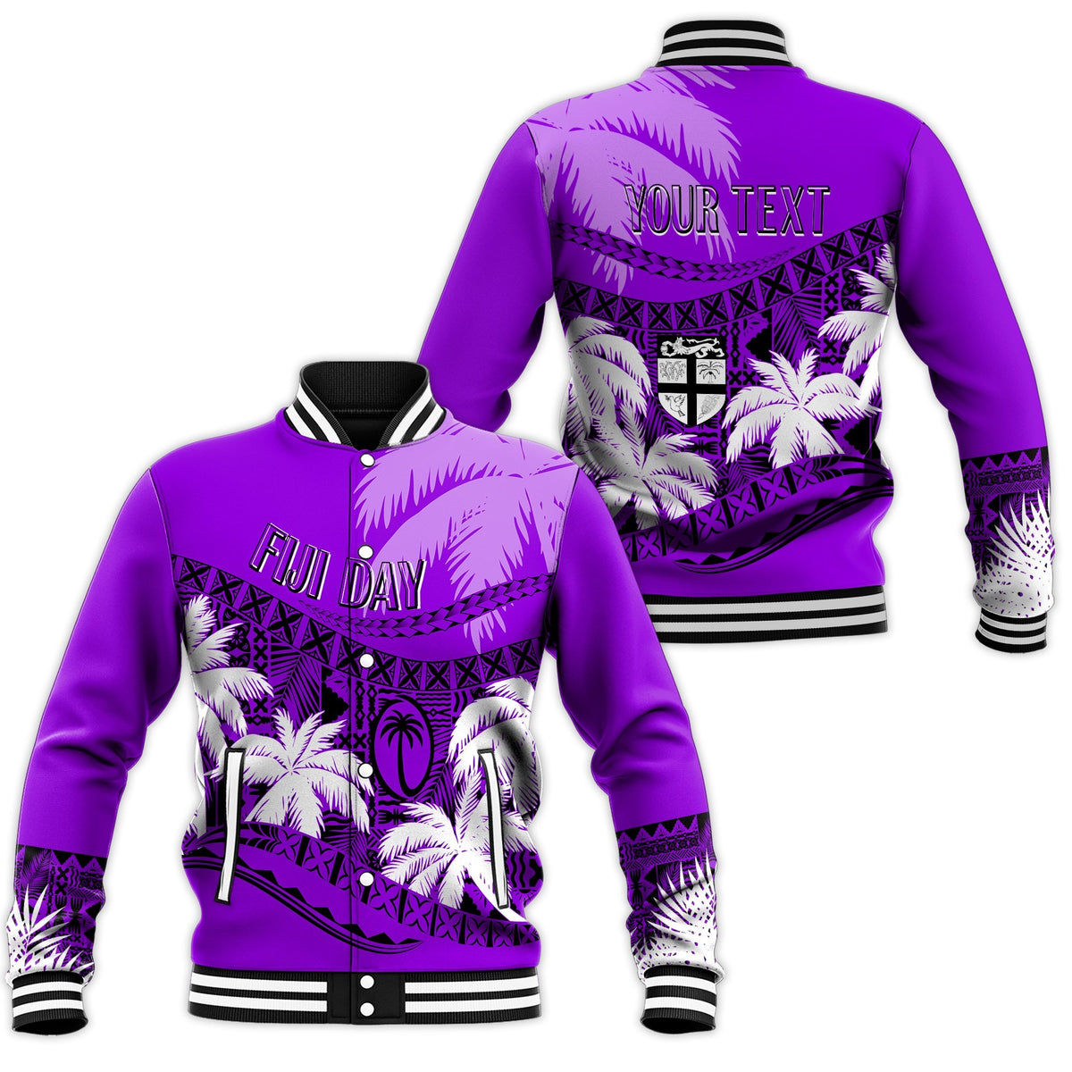 Violet baseball jacket with palm print, striped rib trim, and “FIJI DAY” front, “YOUR TEXT” back.