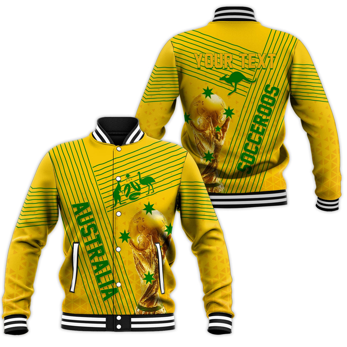 Yellow baseball jacket with ribbed collar, striped sleeves, and 'Your Text' graphic