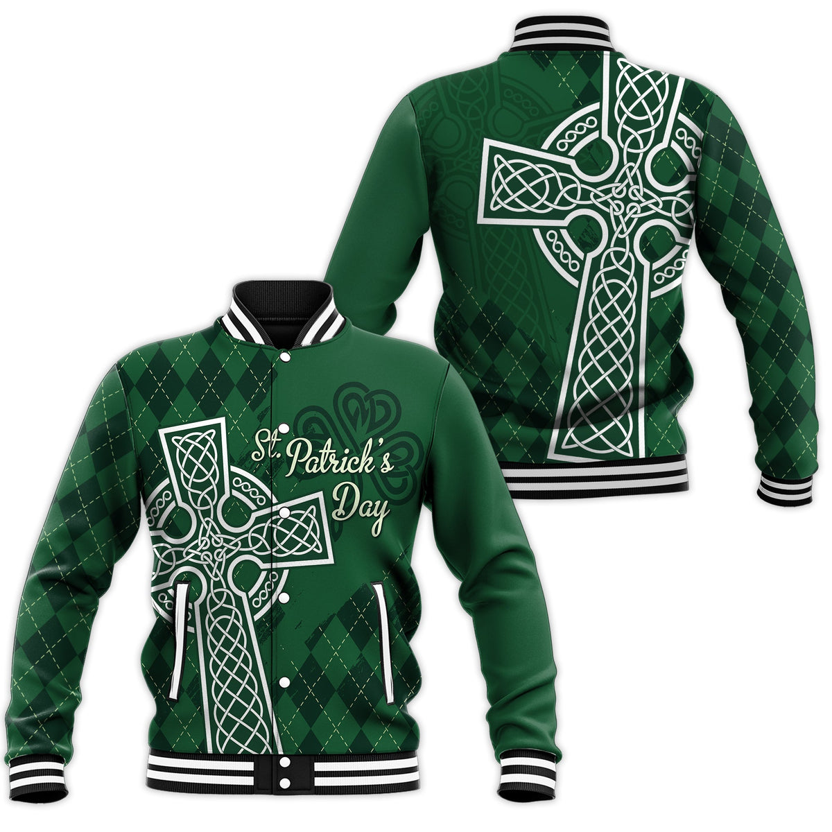 Green unisex baseball jacket, white Celtic cross and St. Patrick's Day front print