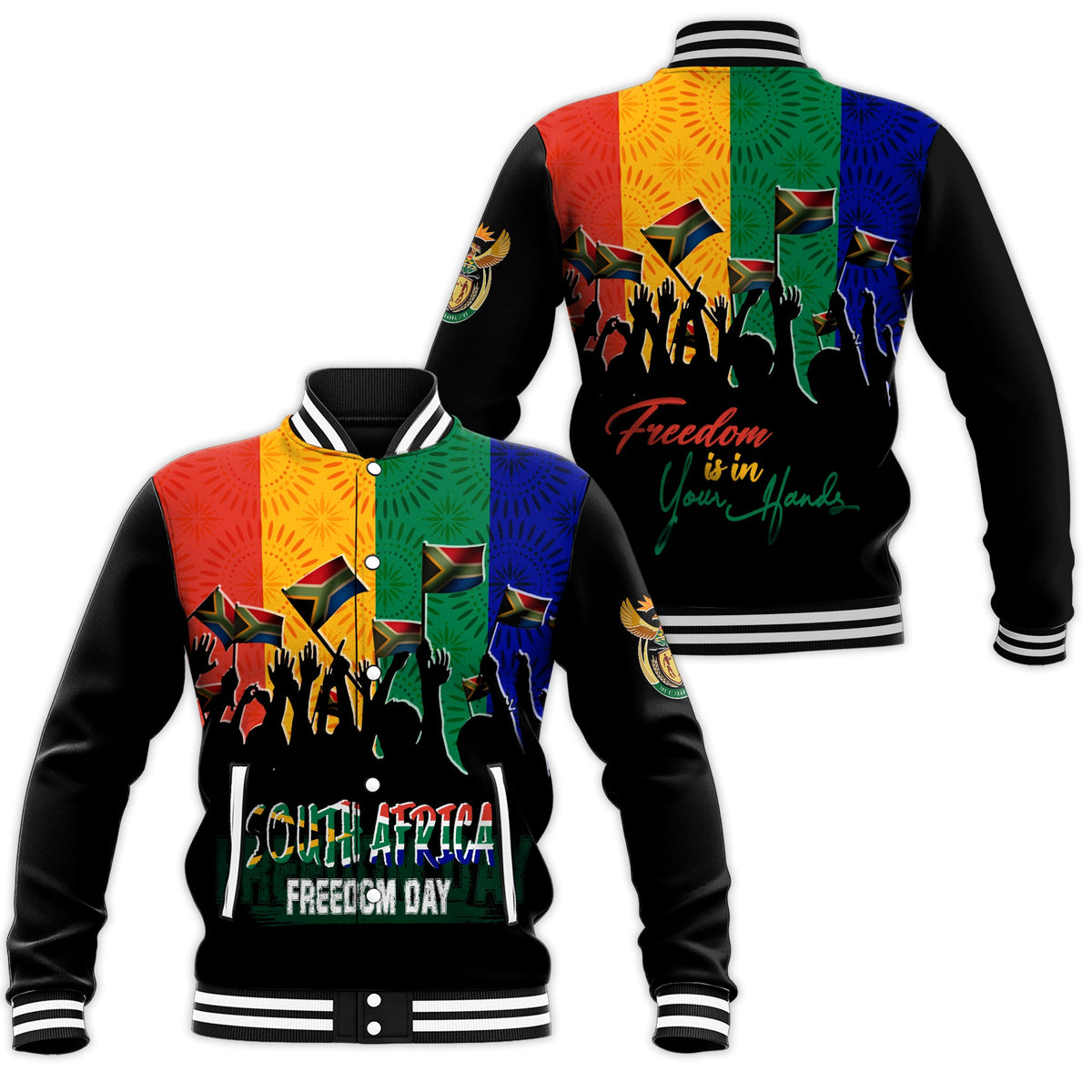 Colorful unisex baseball jacket with bold South Africa-themed graphic, snap front, striped cuffs