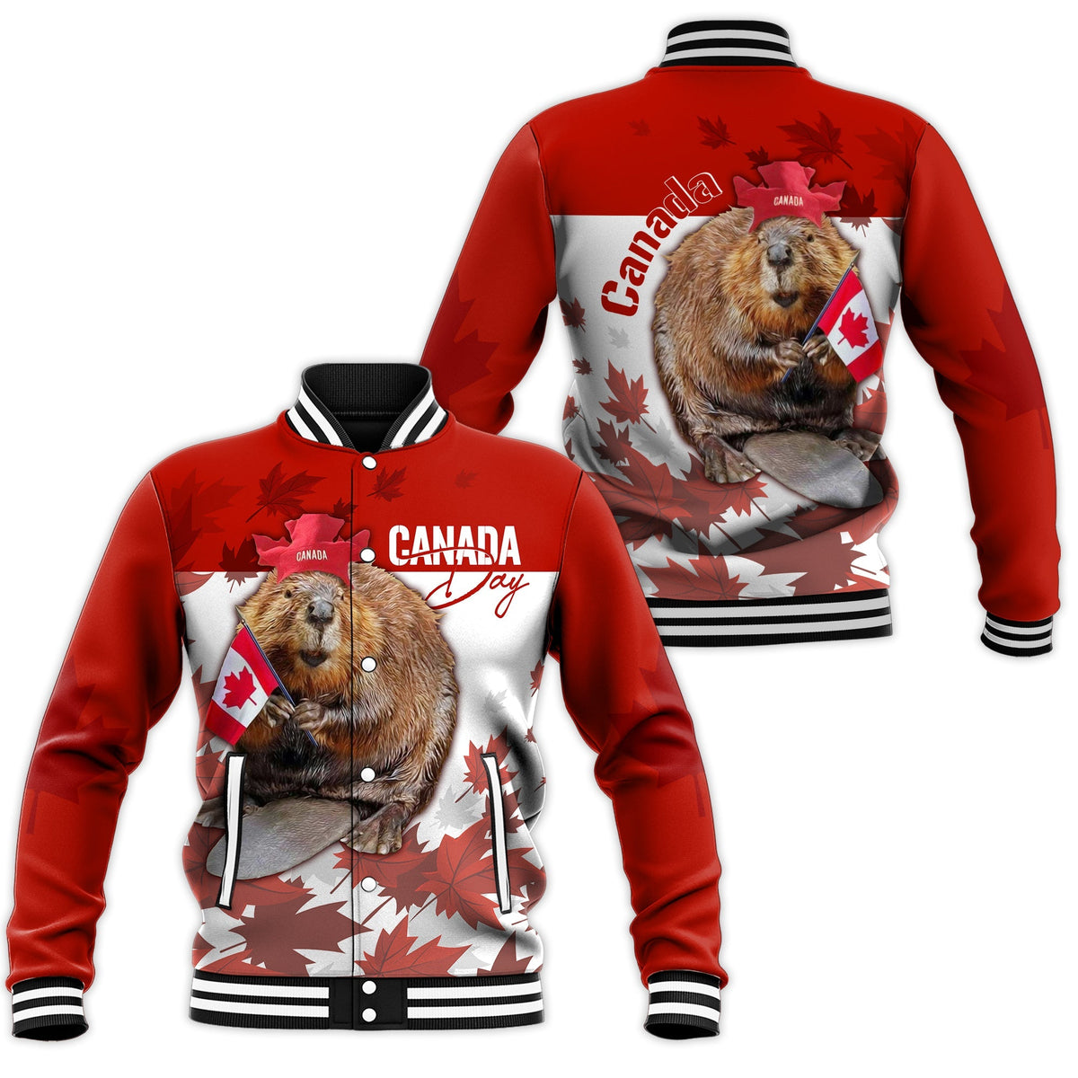 Red baseball jacket with beaver print and Canada Day patch, unisex
