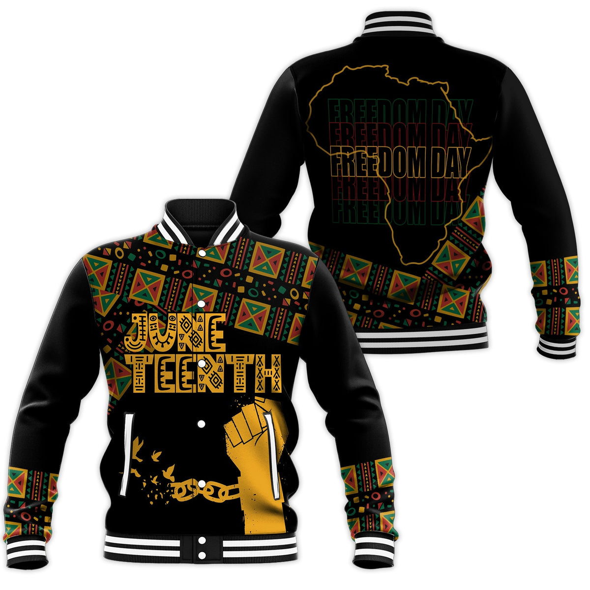 Black unisex baseball jacket with tribal pattern sleeves, Freedom Day back graphic