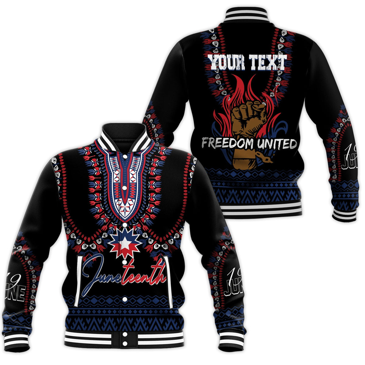 Black Juneteenth dashiki baseball jacket, colorful folk pattern and Freedom United text