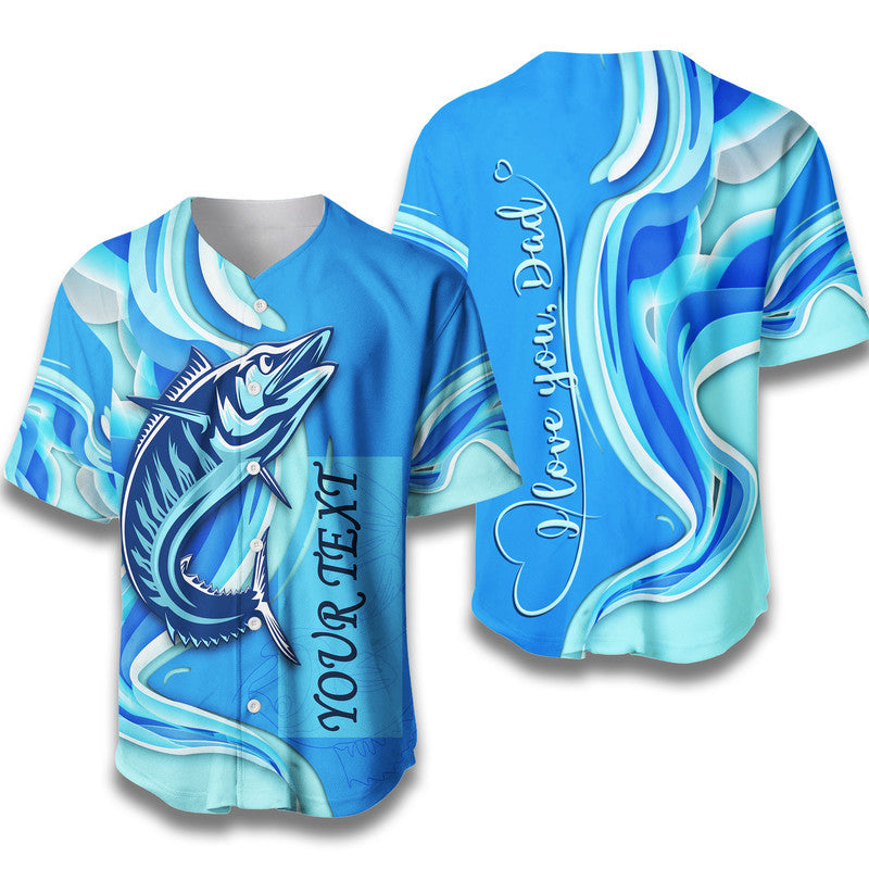 Blue ocean-wave fishing baseball jersey with fish graphic and “Let’s go fishing” text
