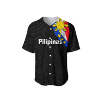 Black Pilipinas baseball jersey, V-neck with button placket, 'Pilipinas' text and flag patch
