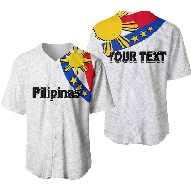 White Pilipinas baseball jersey, custom text and crest patch on chest and collar