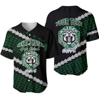 Black/green baseball jersey with custom text and school crest, button front.