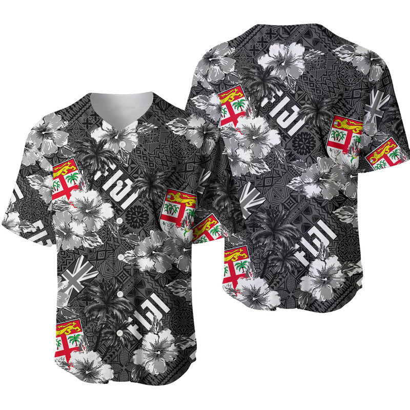 Black baseball jersey with hibiscus flowers, palm trees, island flags, and white trim collar