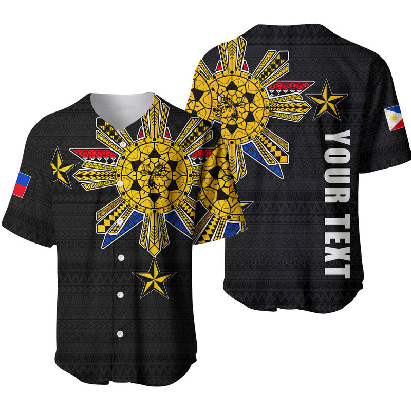 Black baseball jersey with yellow tribal sunburst and star graphics, button front