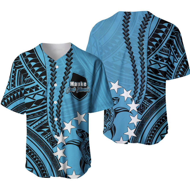 Blue Polynesian baseball jersey with Mauke Cook Islands crest, black tribal print, star graphics