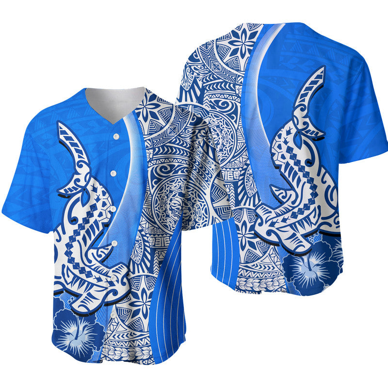 Blue baseball jersey with white Polynesian-style shark graphic, button front and short sleeves.